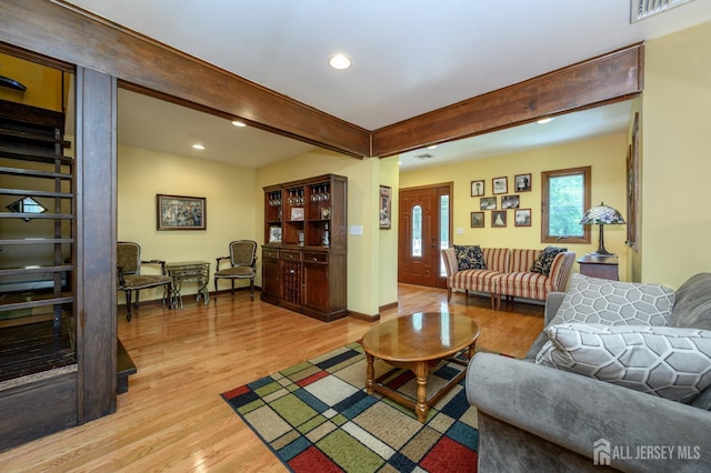 22 Roosevelt St, Pequannock, NJ 07440 - living room with recessed lighting, beam ceiling, light wood-type flooring, and baseboards