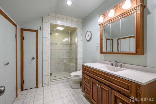 22 Roosevelt St, Pequannock, NJ 07440 - full bathroom with toilet, tile patterned flooring, a shower stall, vanity, and lofted ceiling