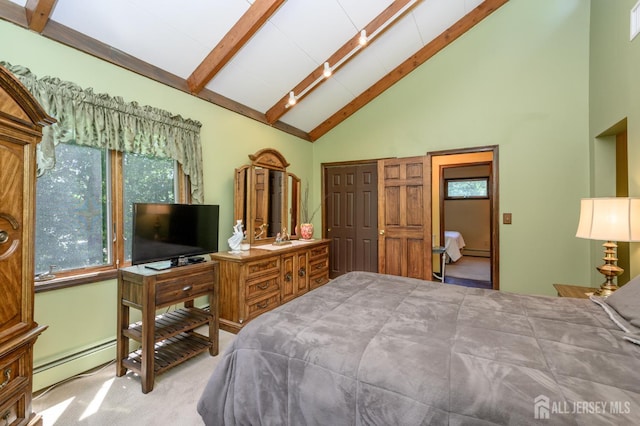 22 Roosevelt St, Pequannock, NJ 07440 - carpeted bedroom featuring high vaulted ceiling, baseboard heating, beam ceiling, and a closet