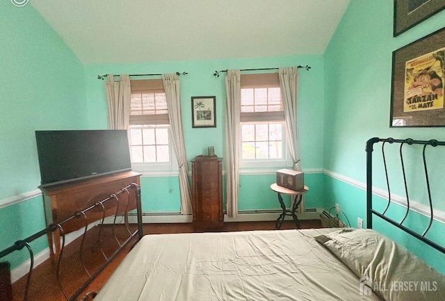 121 Beech St, Fords, NJ 08863 - bedroom with lofted ceiling, multiple windows, baseboards, and a baseboard heating unit