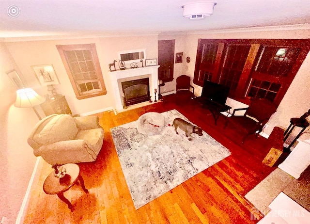 121 Beech St, Fords, NJ 08863 - living room featuring wood finished floors, a fireplace with flush hearth, and ornamental molding