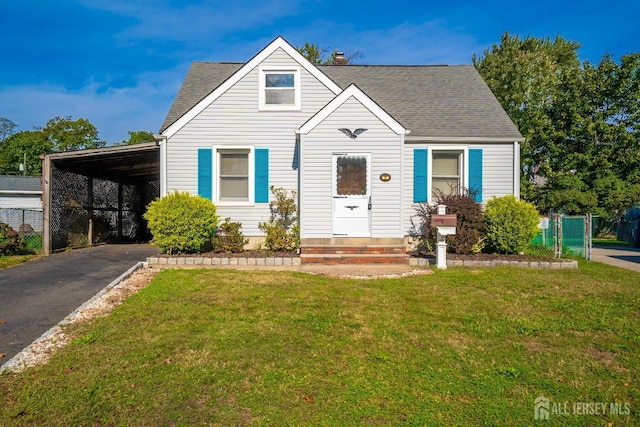 view of front of house with a carport and a front lawn