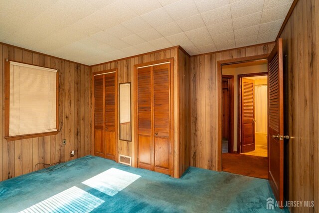 unfurnished bedroom with carpet flooring, two closets, and wooden walls