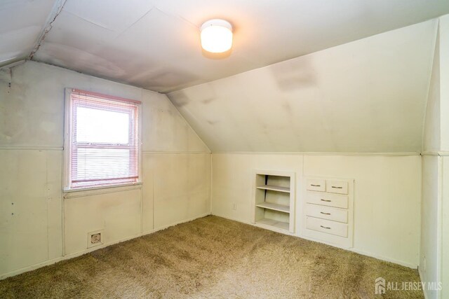 additional living space with vaulted ceiling, carpet floors, and built in features