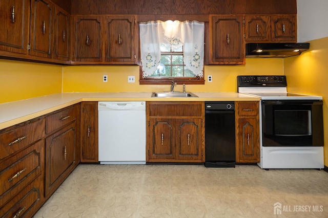 114 Redwood Ave, Edison, NJ 08817 - kitchen featuring range with electric cooktop, white dishwasher, under cabinet range hood, a sink, and light countertops