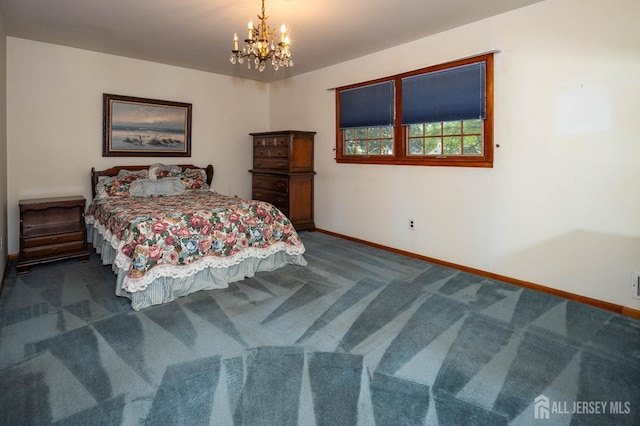 114 Redwood Ave, Edison, NJ 08817 - bedroom featuring a chandelier, dark colored carpet, and baseboards