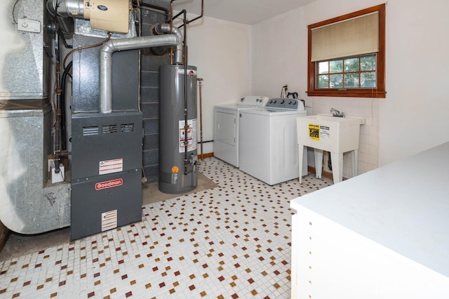 114 Redwood Ave, Edison, NJ 08817 - laundry area with washer and clothes dryer, water heater, heating unit, and tile patterned floors