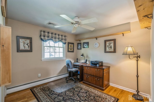 1430 Seneca Rd, North Brunswick, NJ 08902 - office area featuring a baseboard heating unit, ceiling fan, light wood-style floors, and baseboards