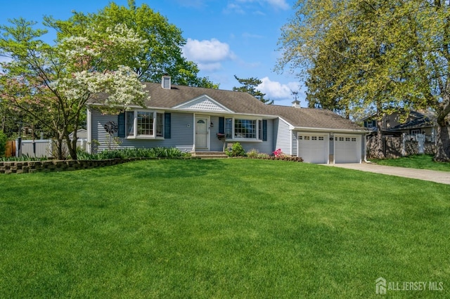 1430 Seneca Rd, North Brunswick, NJ 08902 - ranch-style home with a garage, a chimney, and concrete driveway