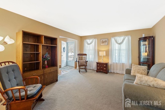 sitting room featuring light colored carpet