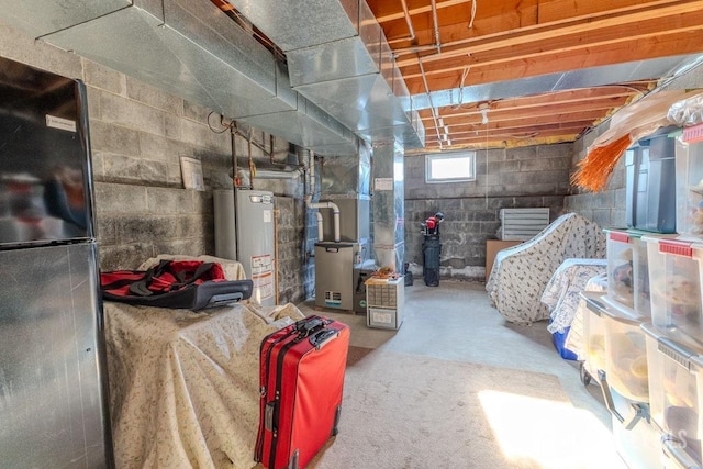 basement with heating unit and water heater