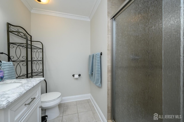 full bath featuring crown molding, a stall shower, tile patterned floors, vanity, and toilet