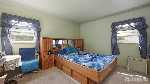 bedroom with light colored carpet