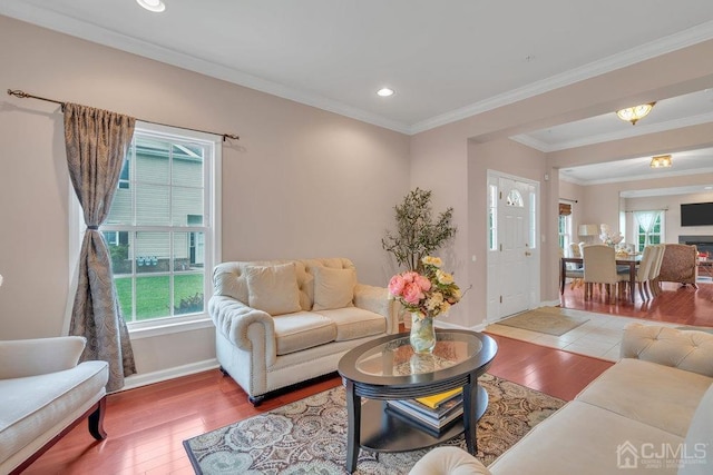 living room with hardwood / wood-style flooring and ornamental molding