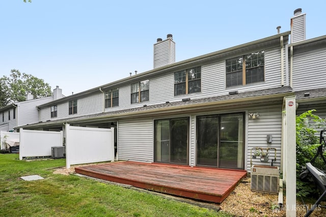91 Pear Tree Ln, Franklin, NJ 08823 - rear view of property with a deck, a lawn, and a chimney