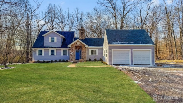 3 Brady Dr, Peapack & Gladstone, NJ 07934 - new england style home with a chimney, a garage, a front yard, stone siding, and driveway