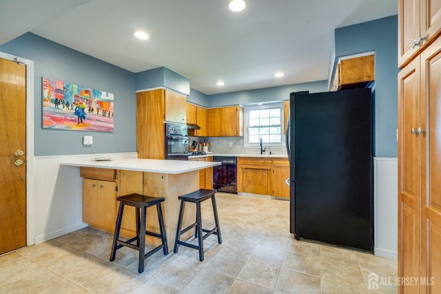 24 Christopher Ave, South Brunswick, NJ 08824 - kitchen featuring black appliances, a peninsula, light countertops, a sink, and tasteful backsplash