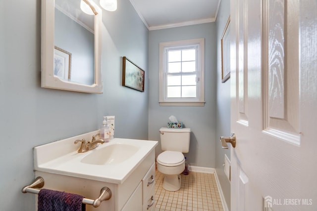 24 Christopher Ave, South Brunswick, NJ 08824 - bathroom featuring toilet, vanity, baseboards, crown molding, and tile patterned flooring
