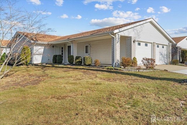 single story home featuring a front yard, a garage, and covered porch