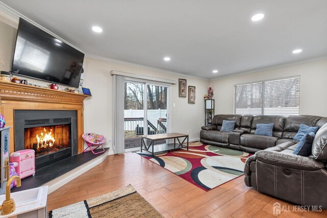 living room with crown molding and hardwood / wood-style flooring