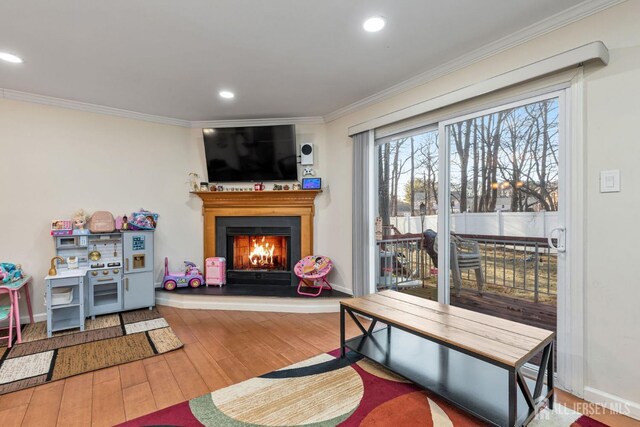 playroom with ornamental molding and hardwood / wood-style floors