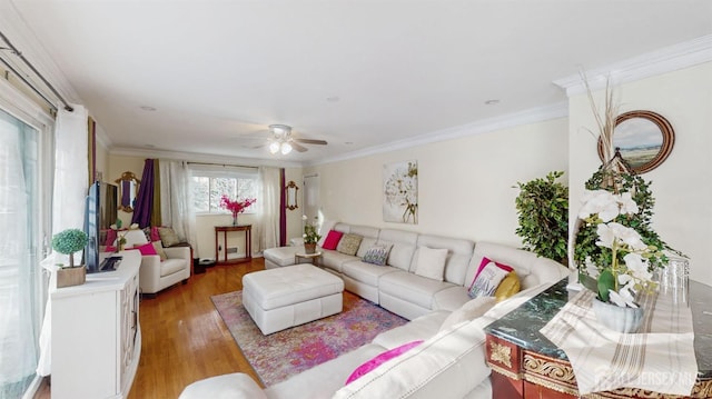 living room with light wood-type flooring, ornamental molding, and ceiling fan