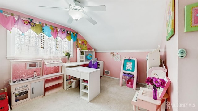 bedroom with ceiling fan, light carpet, and lofted ceiling