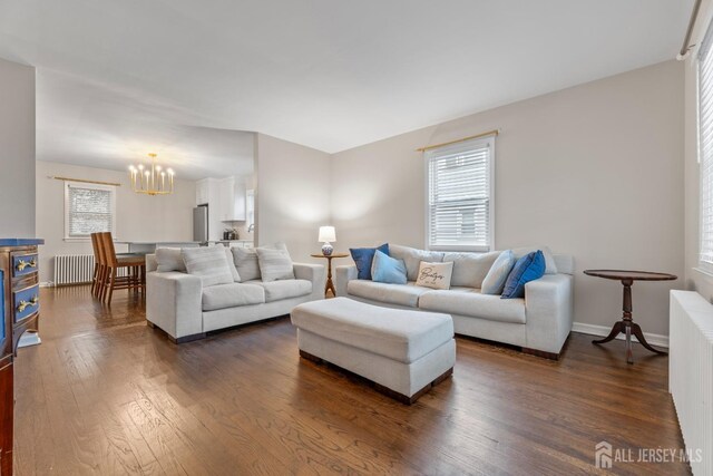 living room featuring dark wood-type flooring, radiator, and an inviting chandelier