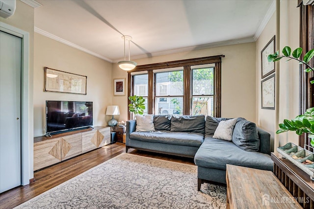 227 Lawrence Ave, Highland Park, NJ 08904 - living area with wood finished floors, ornamental molding, and a wall mounted air conditioner