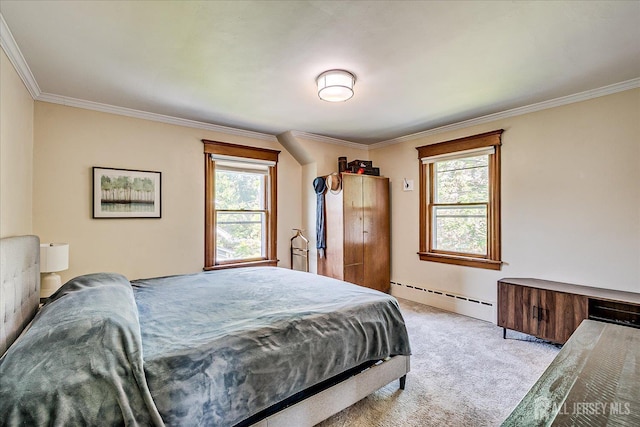 227 Lawrence Ave, Highland Park, NJ 08904 - bedroom featuring baseboard heating, crown molding, multiple windows, and light carpet