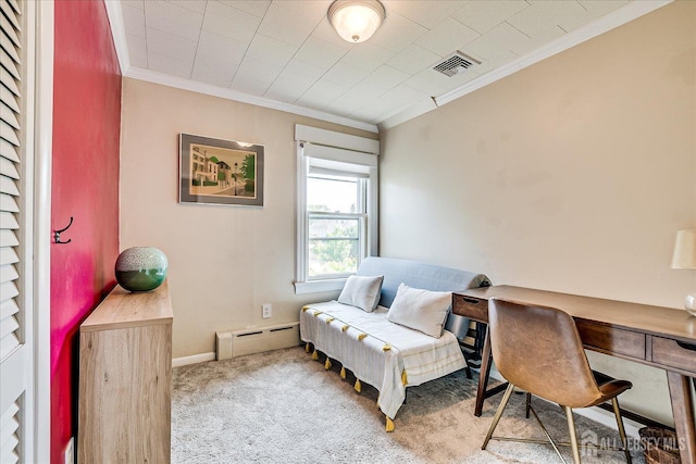 227 Lawrence Ave, Highland Park, NJ 08904 - sitting room featuring crown molding, a baseboard radiator, carpet, and an office area