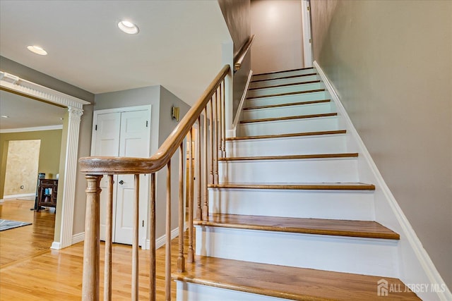 8 Renee Ct, Edison, NJ 08820 - staircase with wood finished floors, recessed lighting, baseboards, and ornamental molding