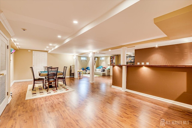8 Renee Ct, Edison, NJ 08820 - dining room with baseboards, light wood finished floors, recessed lighting, and ornate columns