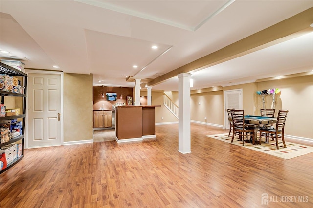 8 Renee Ct, Edison, NJ 08820 - living area with ornate columns, light wood finished floors, recessed lighting, and baseboards
