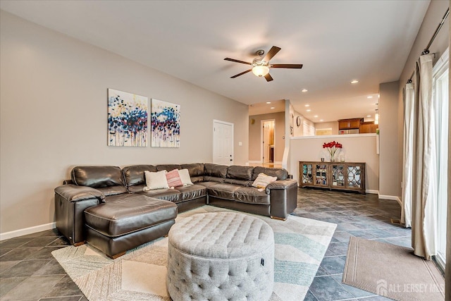8 Renee Ct, Edison, NJ 08820 - living room featuring ceiling fan, baseboards, dark stone finish flooring, and recessed lighting