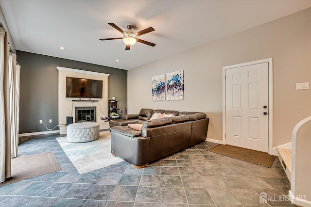 8 Renee Ct, Edison, NJ 08820 - living area featuring a ceiling fan, a glass covered fireplace, baseboards, and recessed lighting