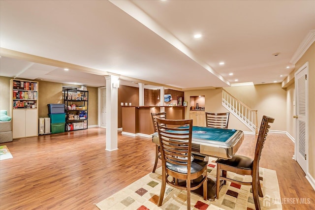 8 Renee Ct, Edison, NJ 08820 - dining room featuring light wood-style floors, bar, stairs, recessed lighting, and baseboards