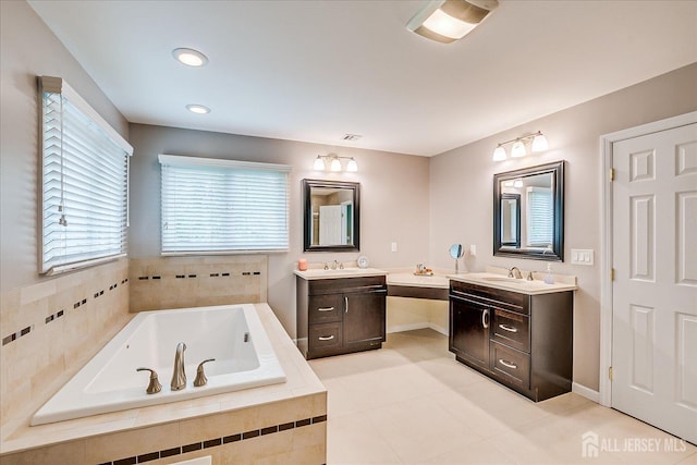 8 Renee Ct, Edison, NJ 08820 - bathroom with two vanities, a whirlpool tub, tile patterned floors, and recessed lighting