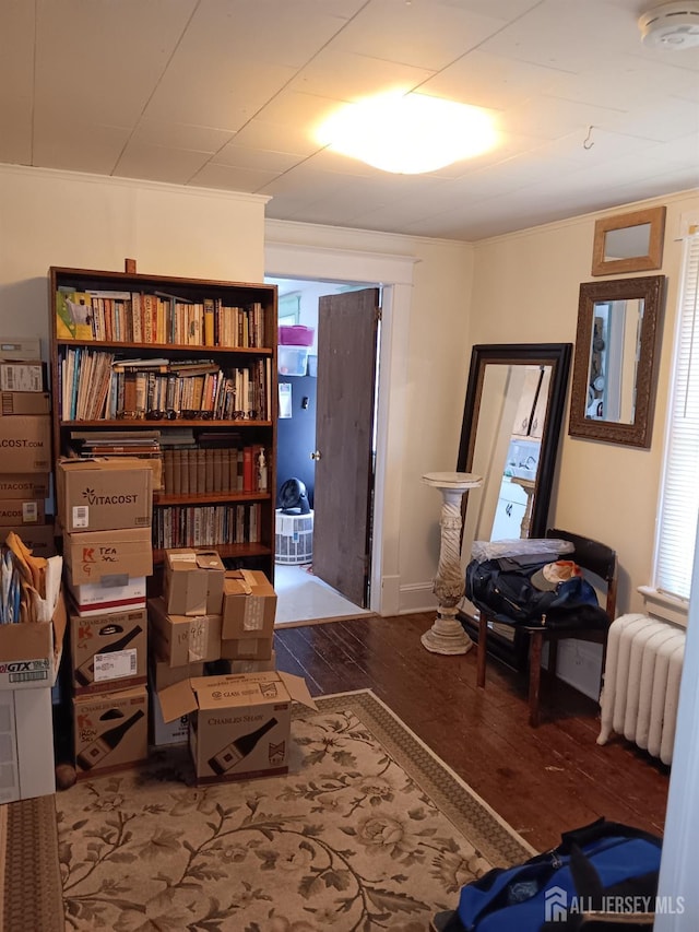 living area with radiator and dark wood-type flooring