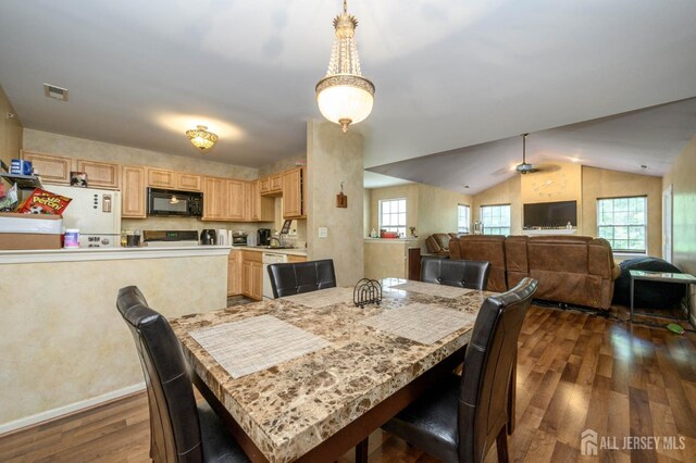 219 Vasser Dr, Piscataway, NJ 08854 - dining space with dark wood-style floors, vaulted ceiling, and a ceiling fan