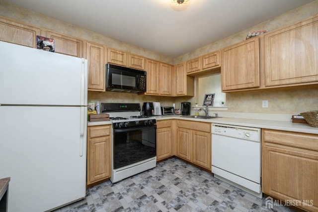 219 Vasser Dr, Piscataway, NJ 08854 - kitchen with white appliances, light floors, light countertops, and light brown cabinetry