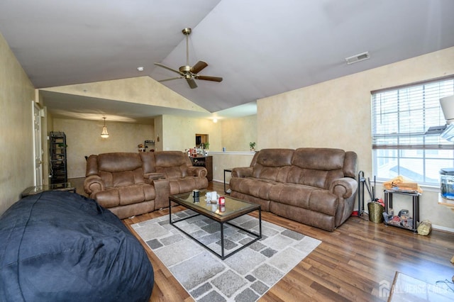 219 Vasser Dr, Piscataway, NJ 08854 - living area featuring wood finished floors, vaulted ceiling, and ceiling fan