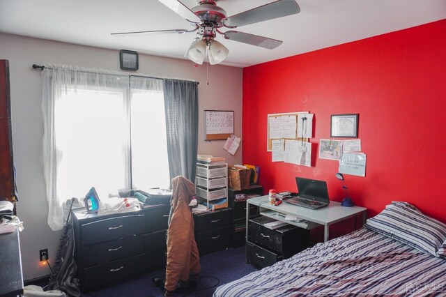 bedroom featuring carpet flooring and ceiling fan