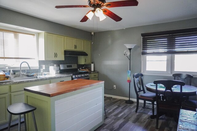 kitchen with a wealth of natural light, sink, green cabinetry, and stainless steel range with gas stovetop