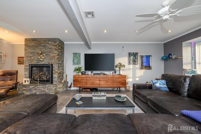 111 E Shrewsbury Dr E, Little Egg Harbor, NJ 08087 - living room with ceiling fan, a fireplace, crown molding, and beam ceiling