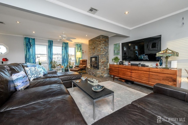 111 E Shrewsbury Dr E, Little Egg Harbor, NJ 08087 - living room featuring a fireplace, crown molding, recessed lighting, and ceiling fan