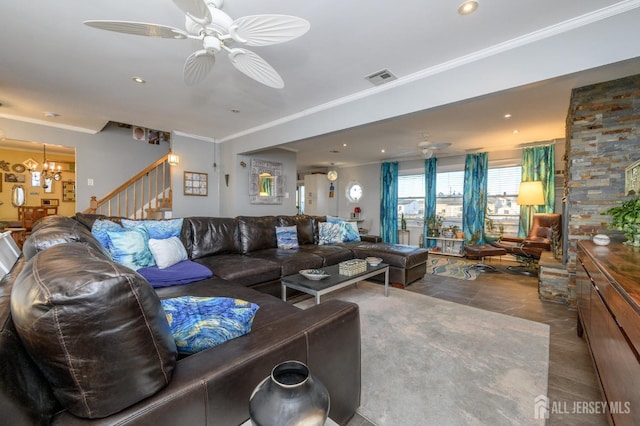 111 E Shrewsbury Dr E, Little Egg Harbor, NJ 08087 - living area featuring a ceiling fan, stairs, a chandelier, crown molding, and tile patterned floors