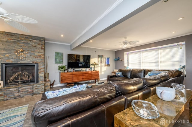 111 E Shrewsbury Dr E, Little Egg Harbor, NJ 08087 - living room with ceiling fan, crown molding, recessed lighting, and a stone fireplace