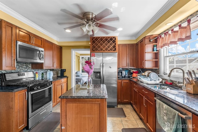 286 Easton Ave, New Brunswick, NJ 08901 - kitchen featuring stainless steel appliances, a kitchen island, a sink, ceiling fan, and open shelves