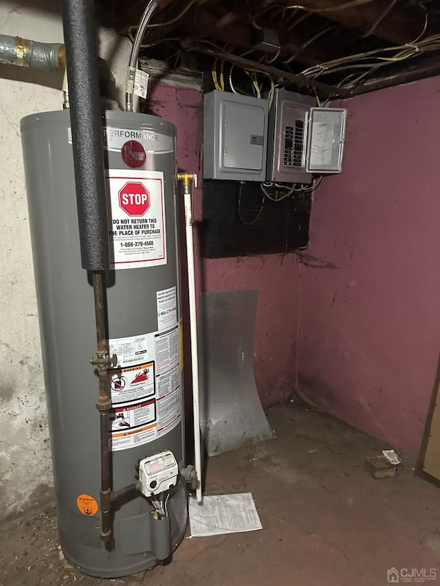 utility room with electric panel and water heater